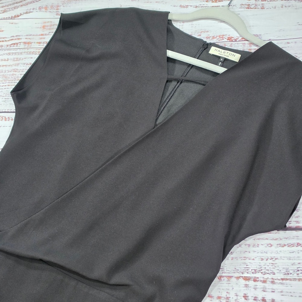 Halston Heritage Dress Women 6 Black Excellent Faux Wrap V-Neck Jersey Short Slv